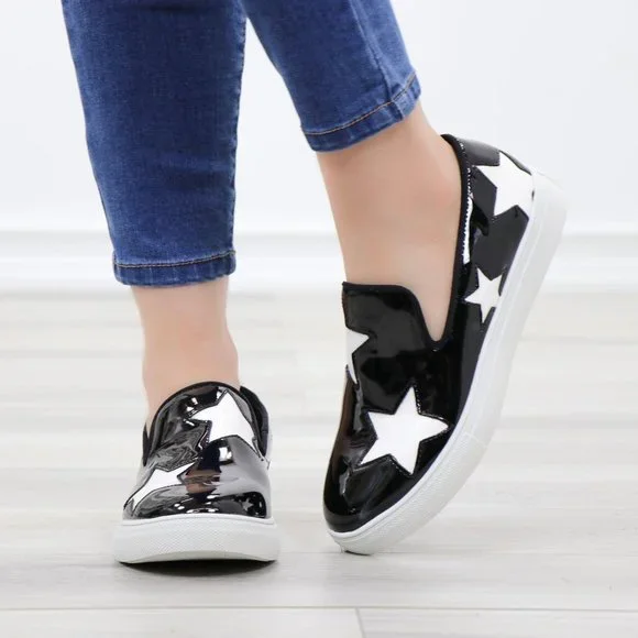 Black With White Stars Patent Sneakers Shoes - Picture 10 of 11